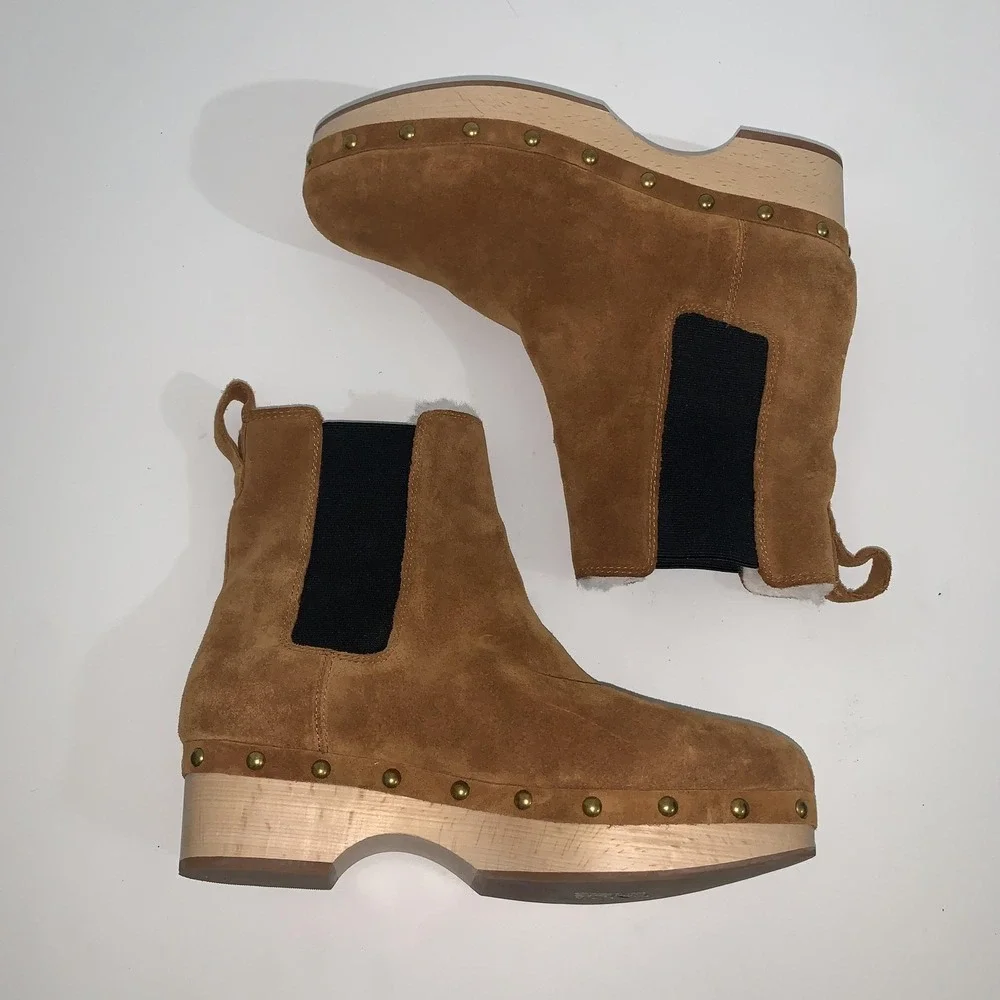 J Crew Ankle Boots Womens Size 9.5 Brown Suede Faux Fur Lined Chelsea Clog BD336